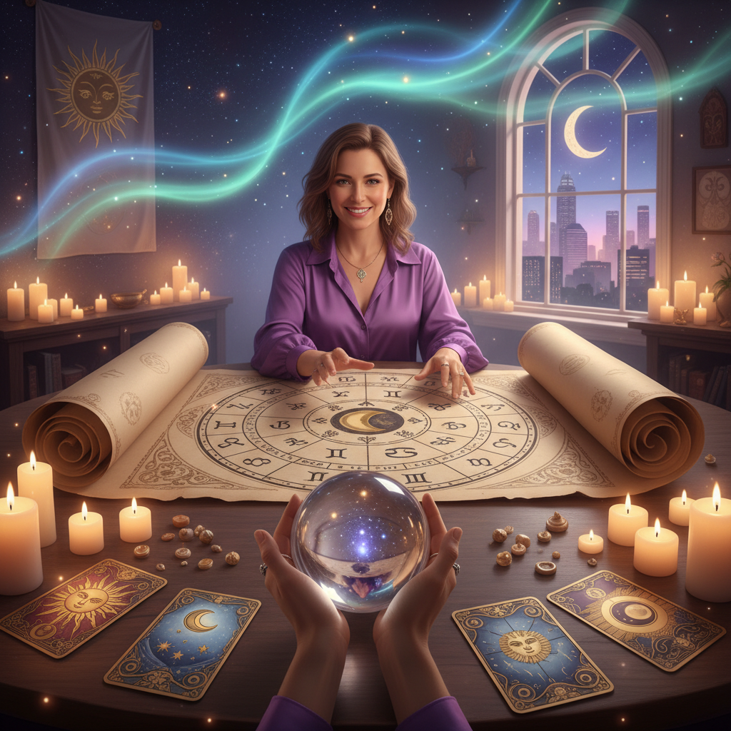 Mystical celestial astrology chart with Austin skyline background