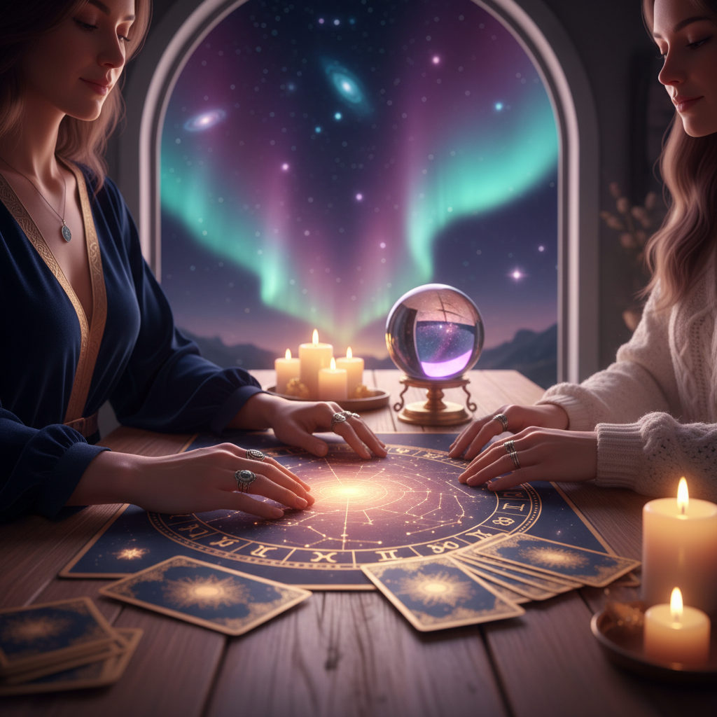 Celestial astrology chart with stars over Austin Texas skyline