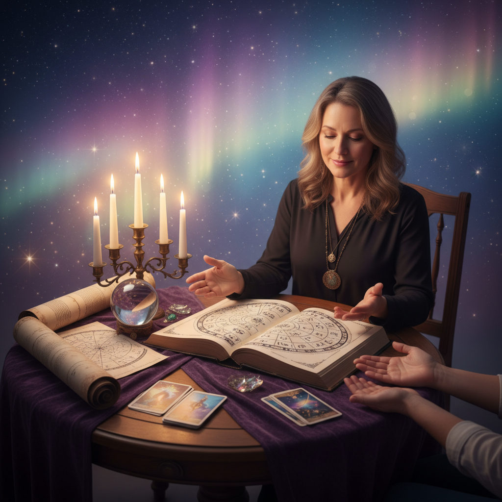 Mystical celestial image with zodiac symbols and Austin TX skyline