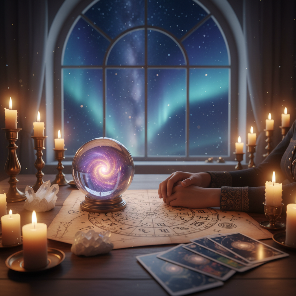 Celestial birth chart and astrology symbols over Austin cityscape