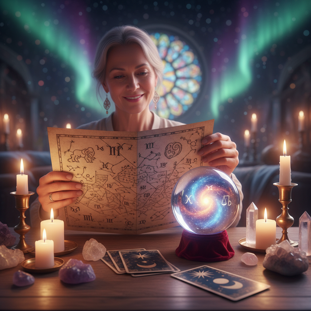 Mystical celestial chart with stars and planets over Austin Texas skyline