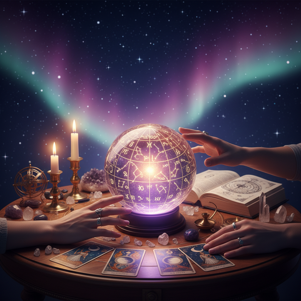 Mystical celestial birth chart with Austin Texas skyline background