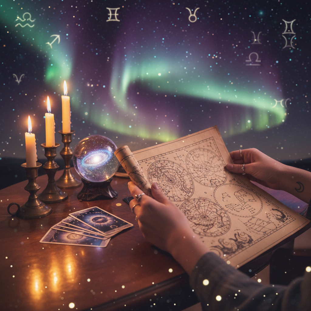 Mystic celestial chart with planets and stars over Austin Texas skyline