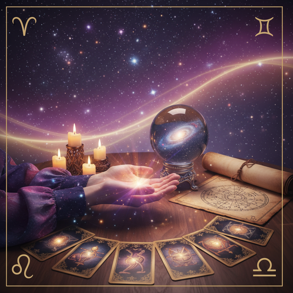 Mystical celestial symbols glowing over Austin Texas skyline at dusk