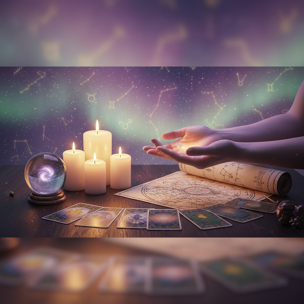 Mystical celestial symbols with Austin TX city skyline background