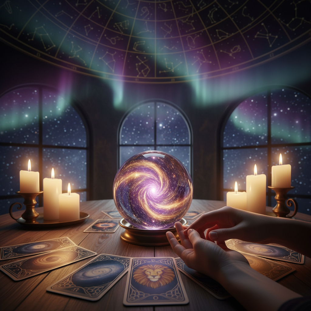 Mystical tarot cards and astrology chart in Austin TX setting