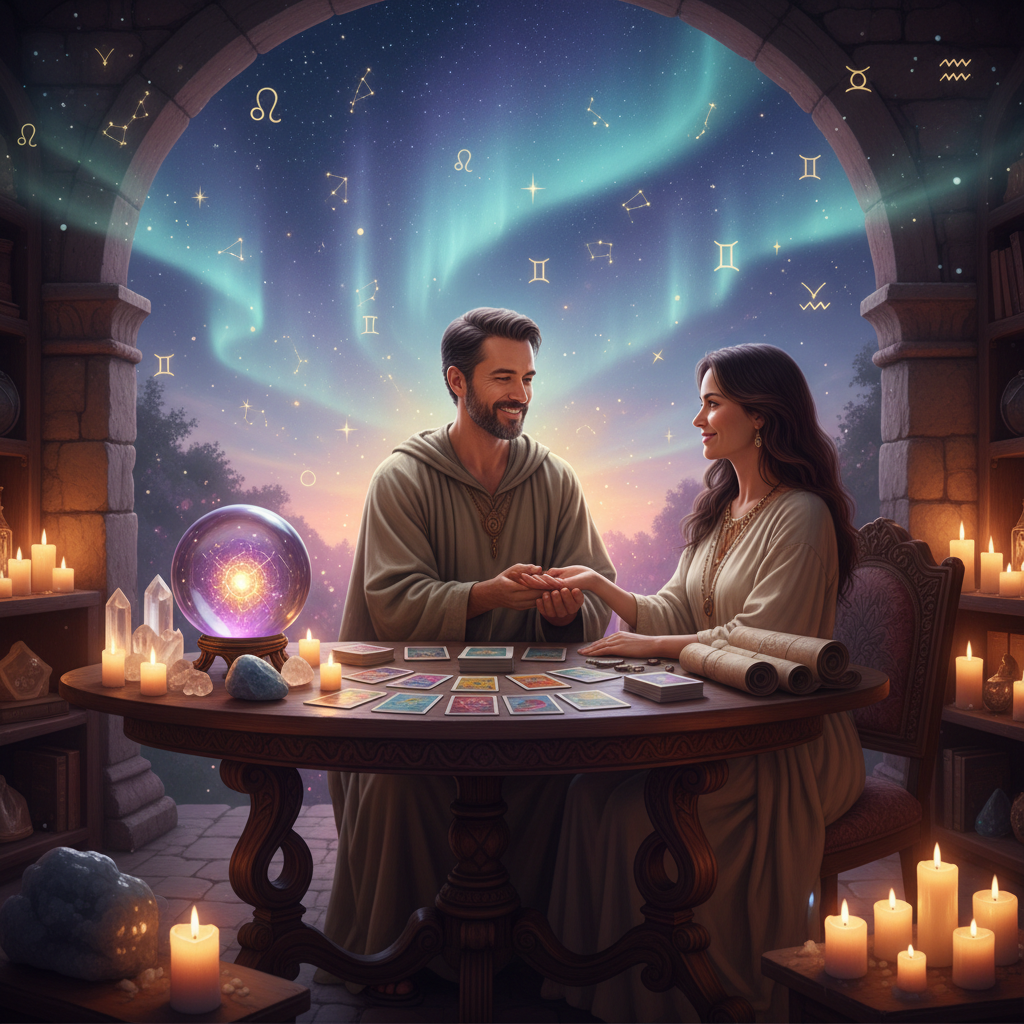 Mystical tarot cards and astrology symbols with Austin cityscape background