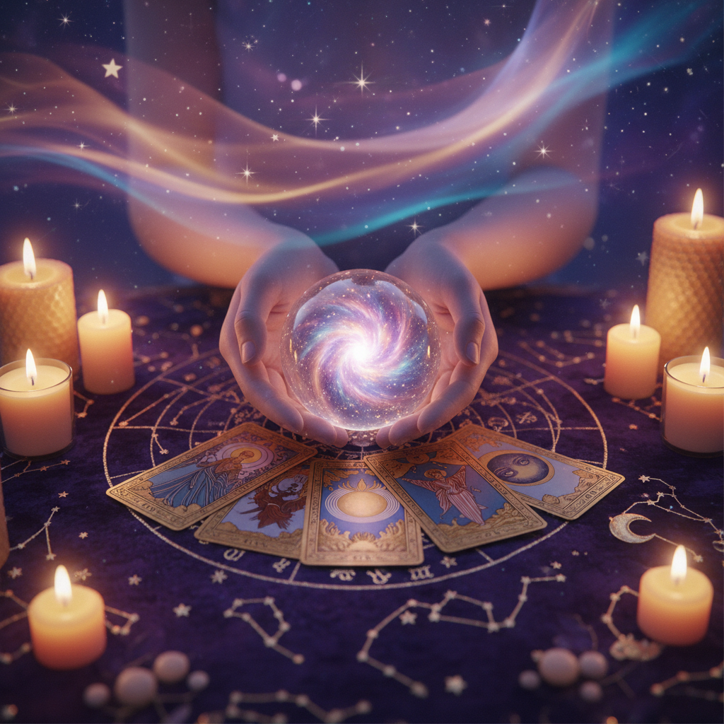 Mystic celestial tarot cards with Austin TX skyline background