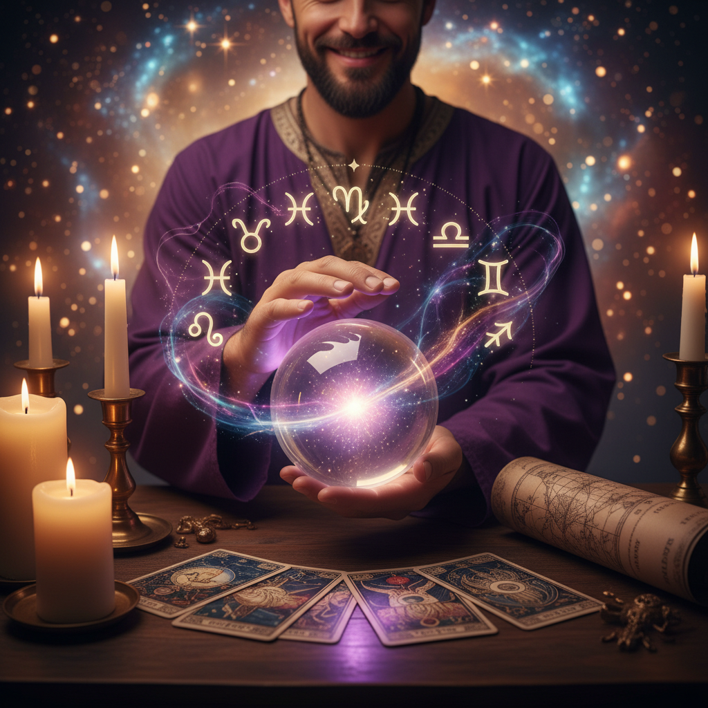 Mystical celestial image with tarot cards and Austin TX skyline