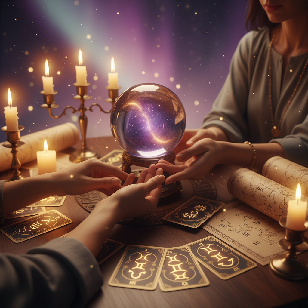 Mystical celestial scene with tarot cards over Austin TX skyline