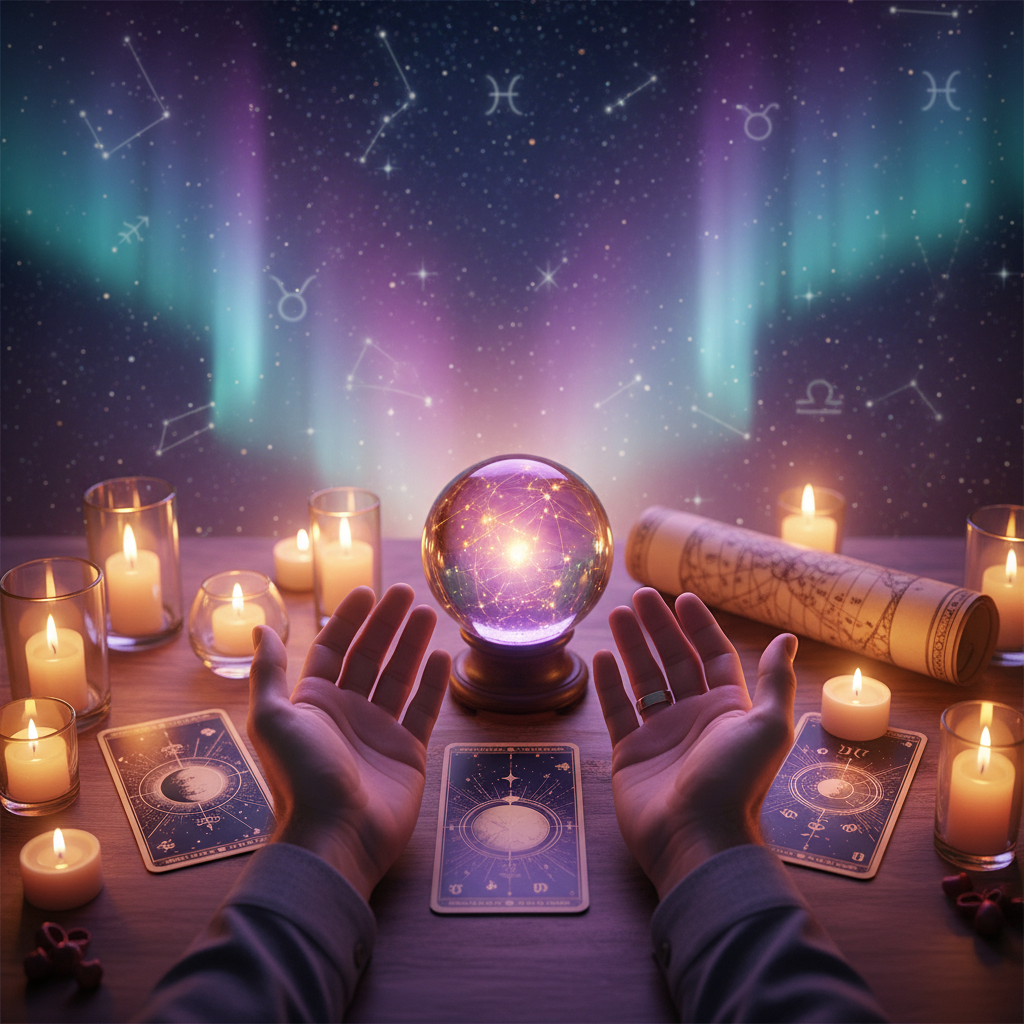 Mystical celestial night sky with Austin TX cityscape background