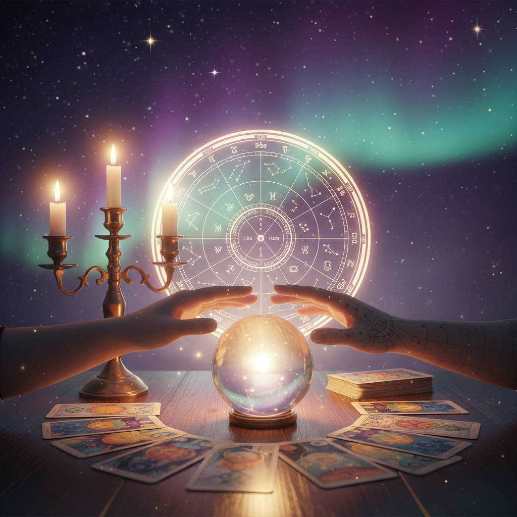 Mystical celestial tarot cards with Austin TX cityscape backdrop