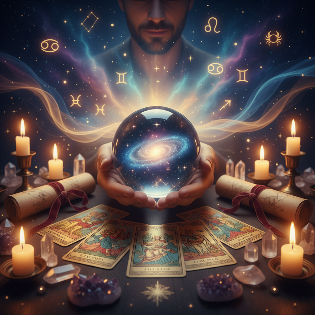 Mystical tarot cards and celestial symbols with Austin skyline background