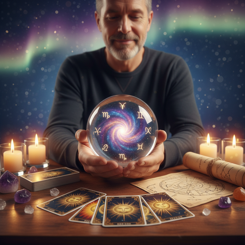 Mystical tarot cards and celestial symbols with Austin Texas skyline