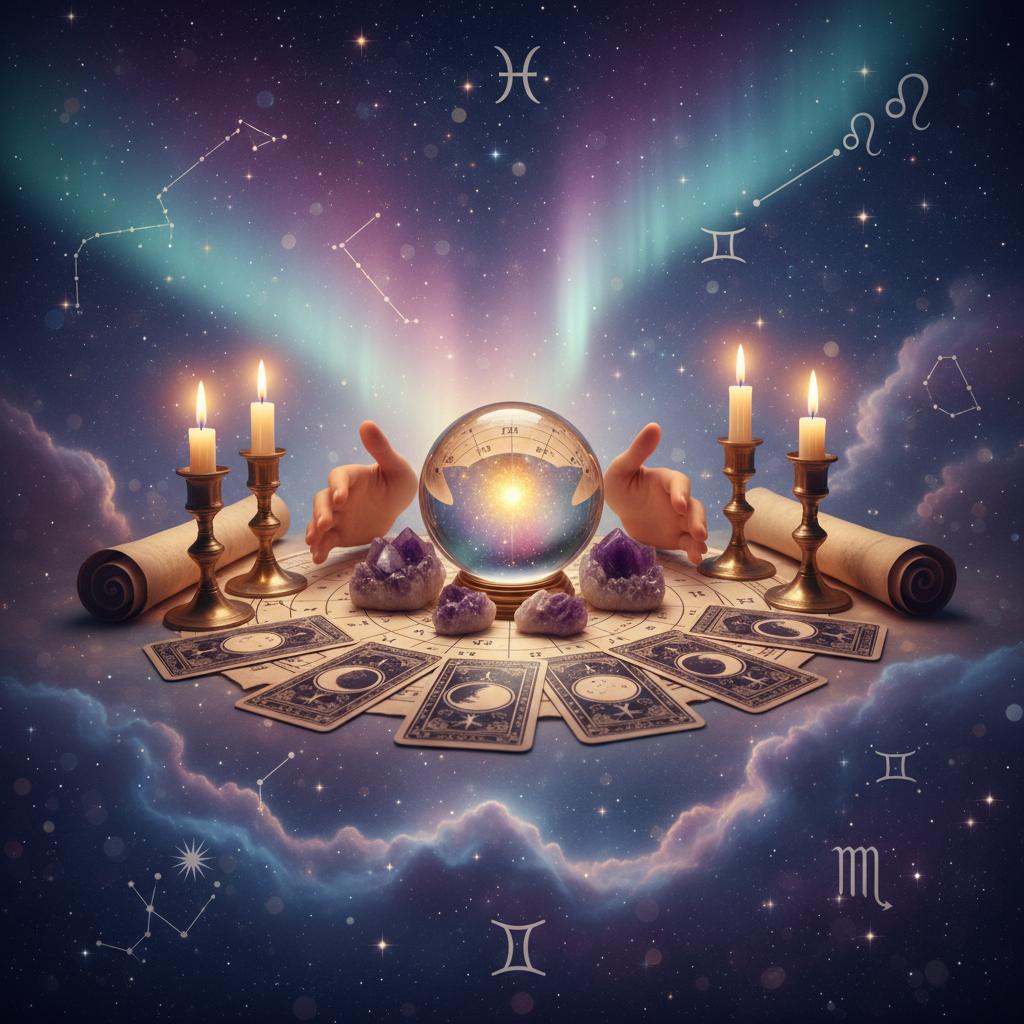 Mystical celestial aura with tarot and astrological symbols in Austin background