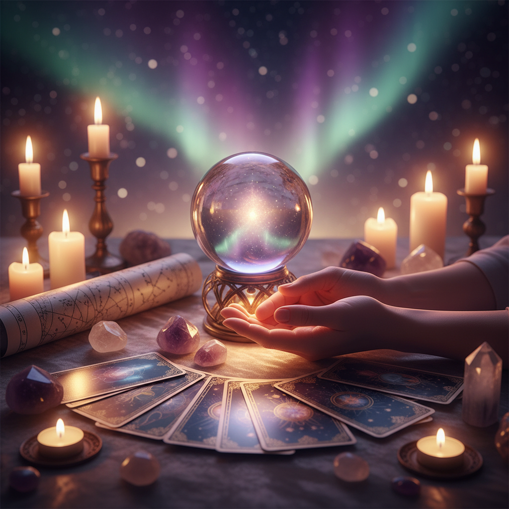 Mystical celestial image with Austin TX skyline and intuitive energy patterns