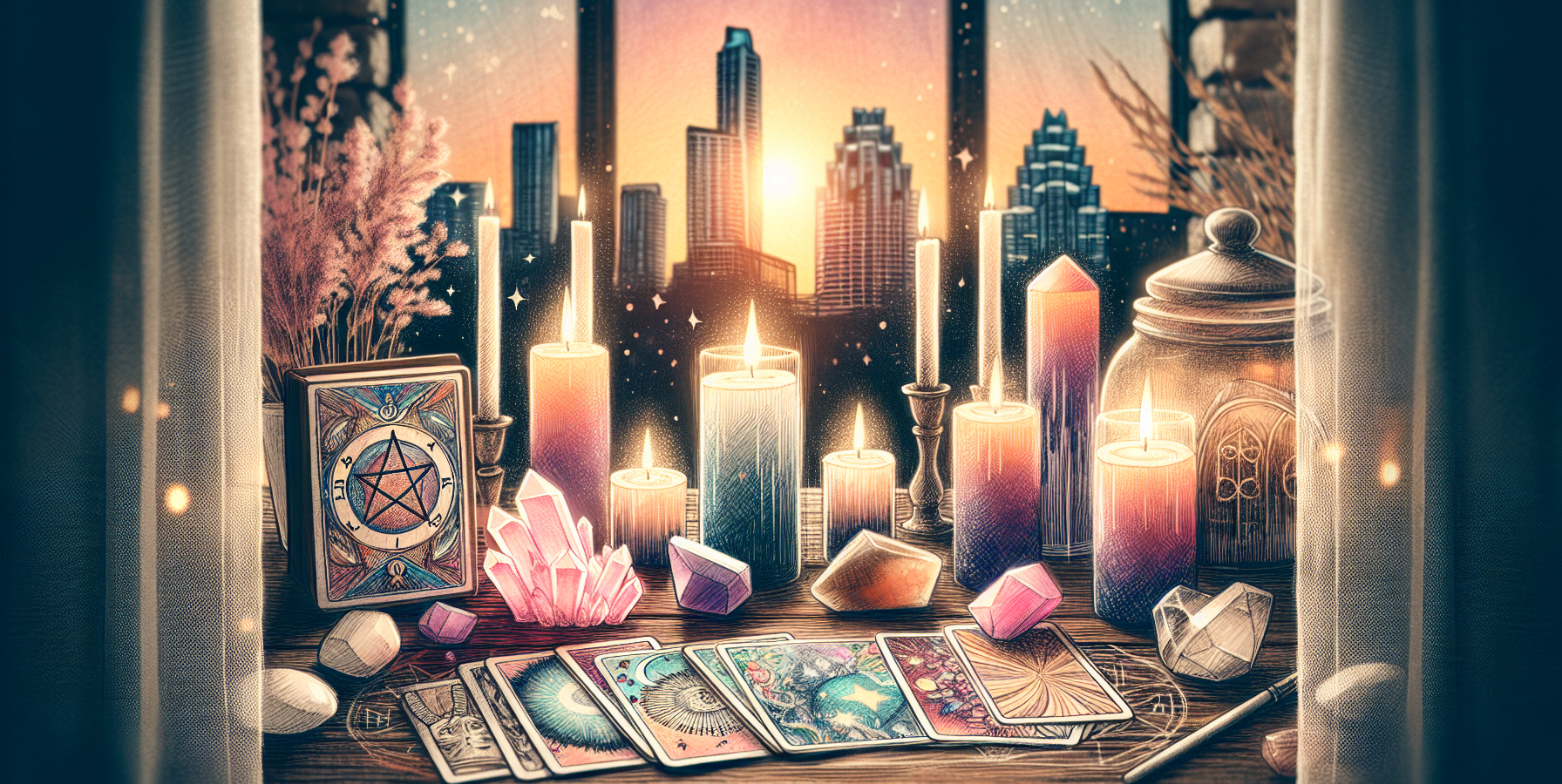 A mystical tarot reading scene set in Austin, Texas, featuring a wooden table with a colorful spread of tarot cards, crystals