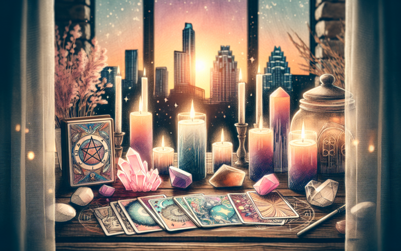 A mystical tarot reading scene set in Austin, Texas, featuring a wooden table with a colorful spread of tarot cards, crystals