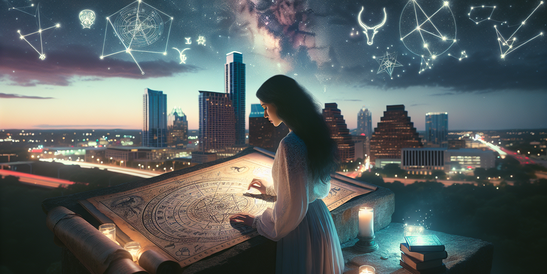 A serene and mystical image of an astrologer consulting an ancient star map under a twilight sky, with constellation patterns