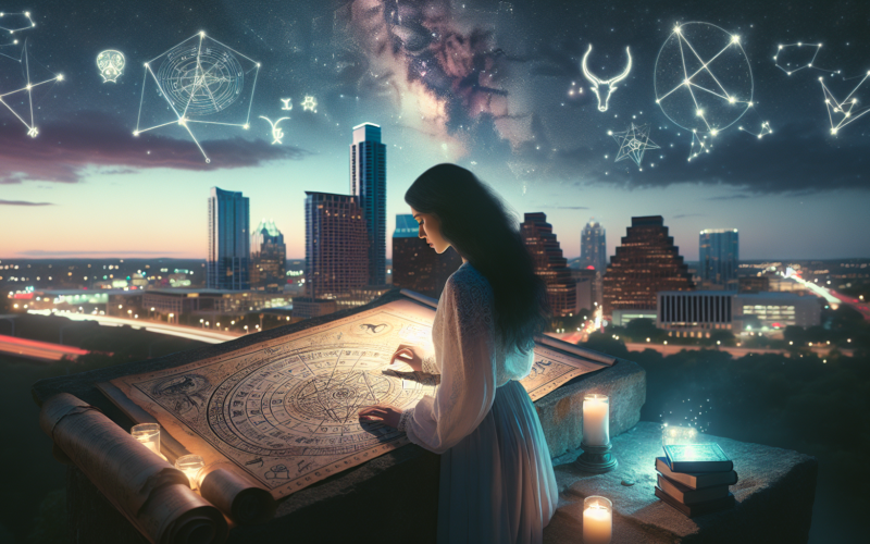 A serene and mystical image of an astrologer consulting an ancient star map under a twilight sky, with constellation patterns