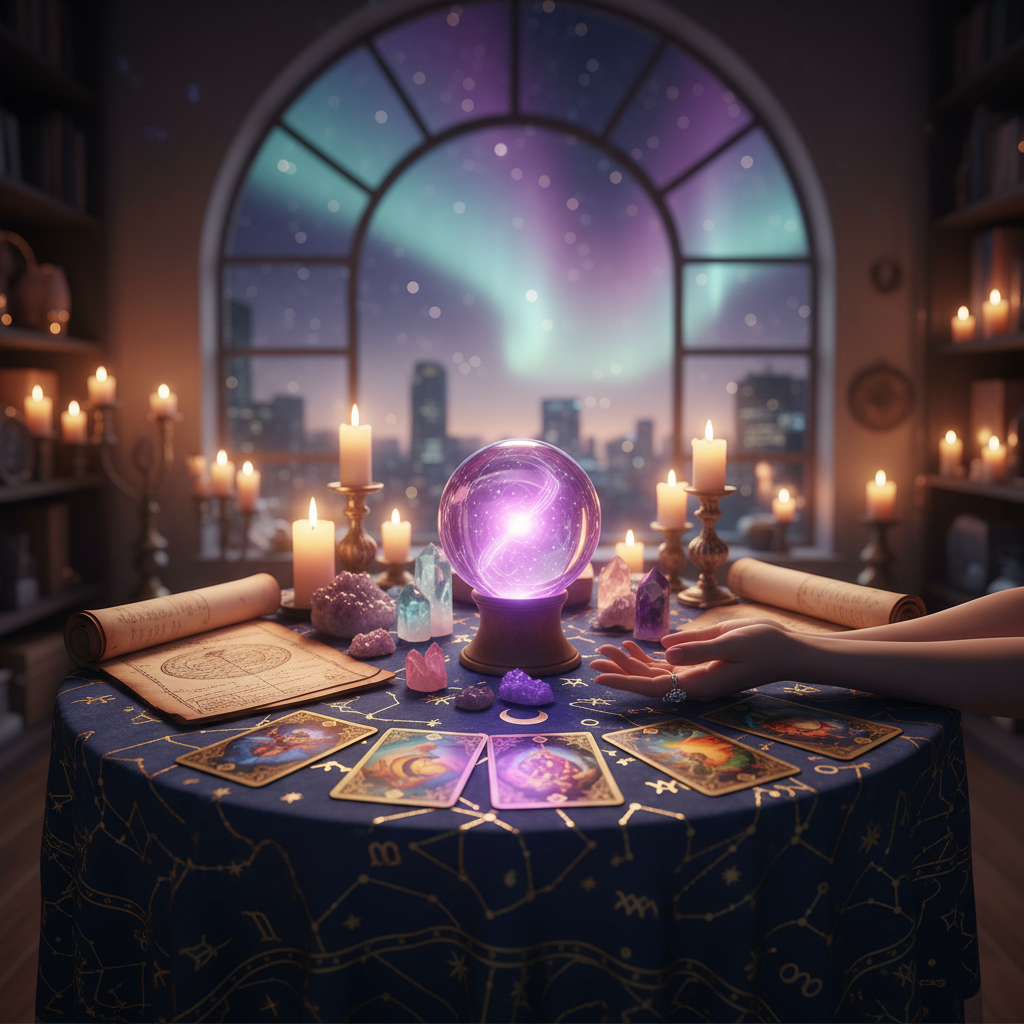 Mystical tarot cards and crystals on a wooden table in Austin.