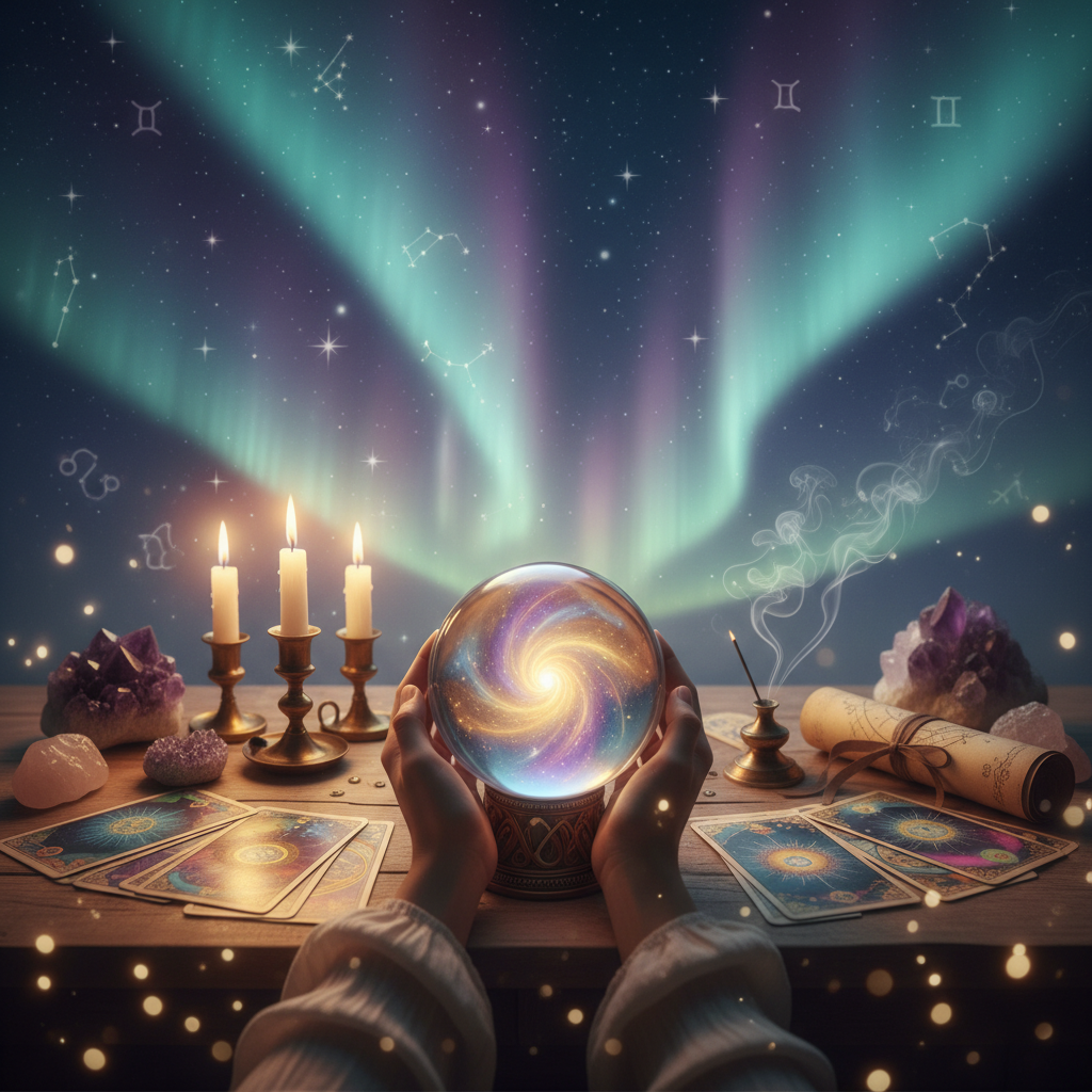 Celestial-themed spiritual tools and tarot cards in a metaphysical Austin TX store