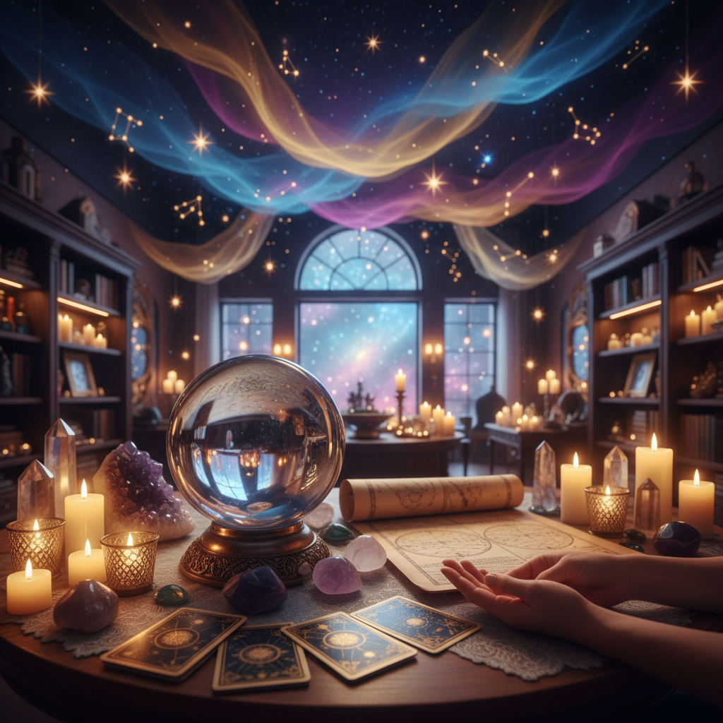 Mystical celestial scene with crystals and tarot cards in Austin setting