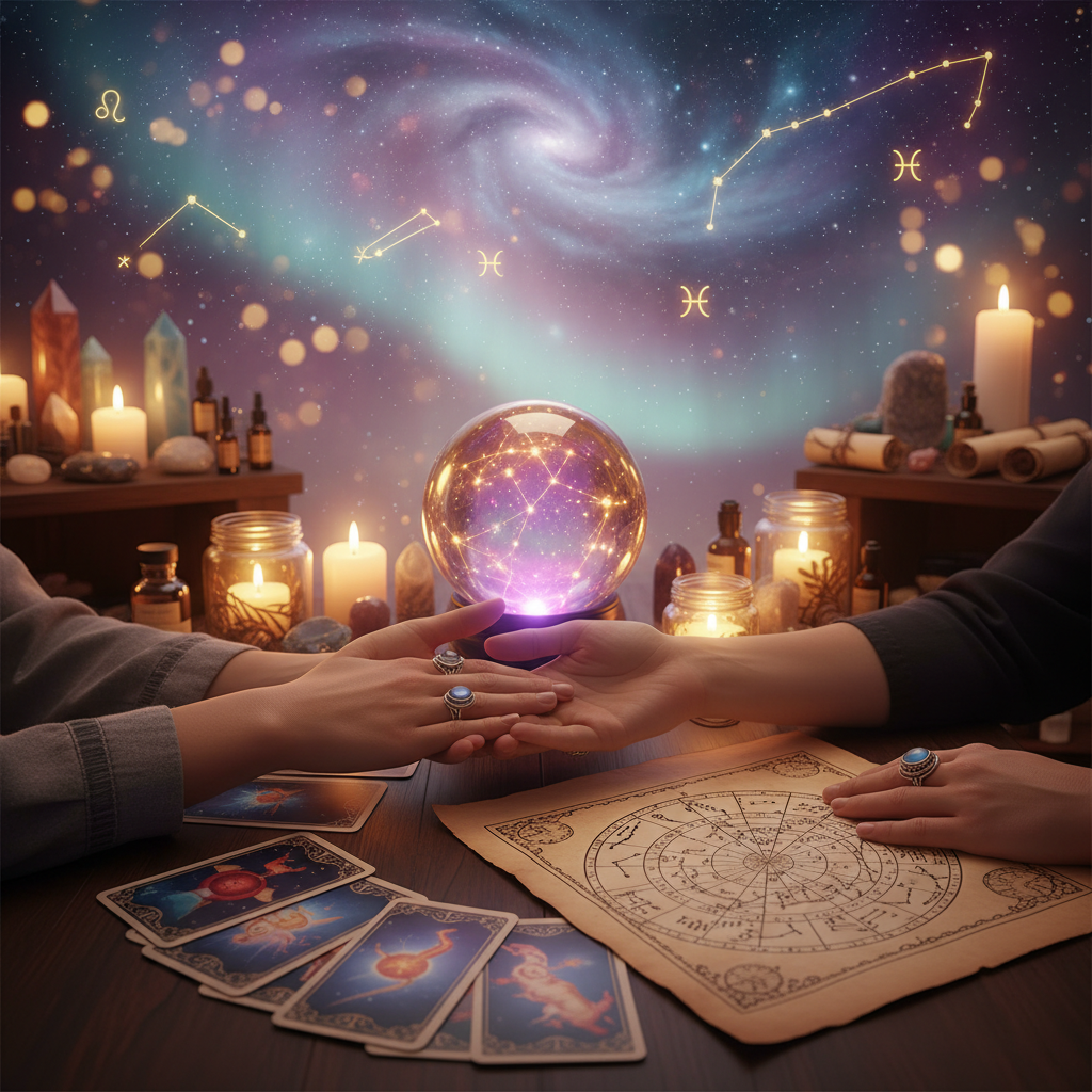 Mystical celestial image with crystals and tarot cards in Austin setting