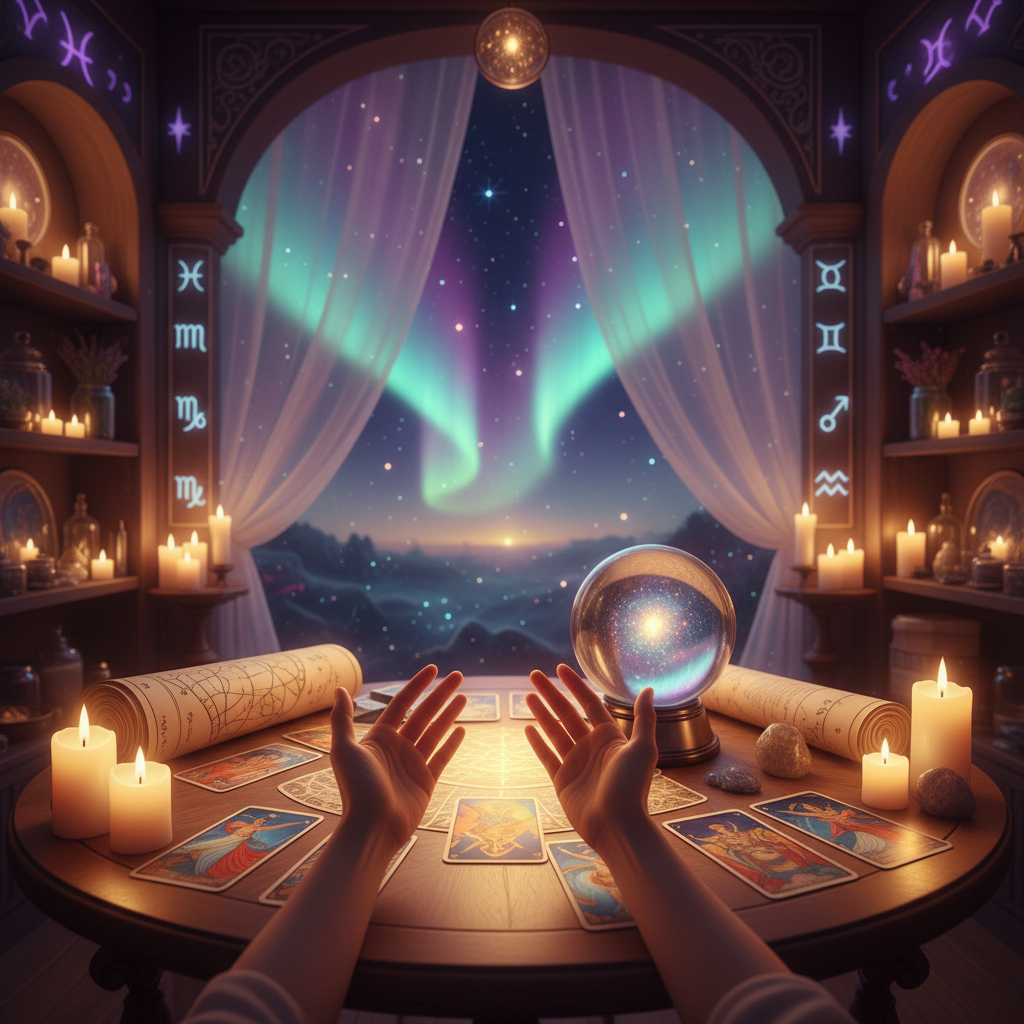 Mystical celestial symbols and crystals glowing in Austin setting