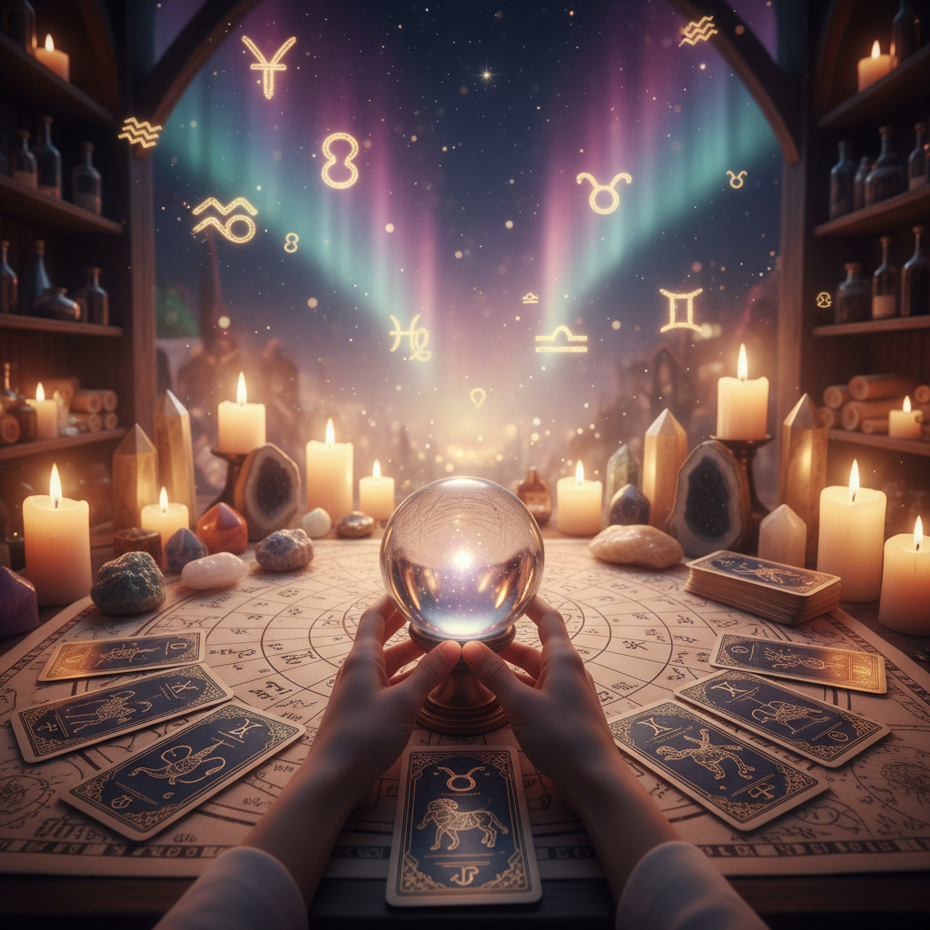 Mystical celestial symbols and crystals at Austin metaphysical store