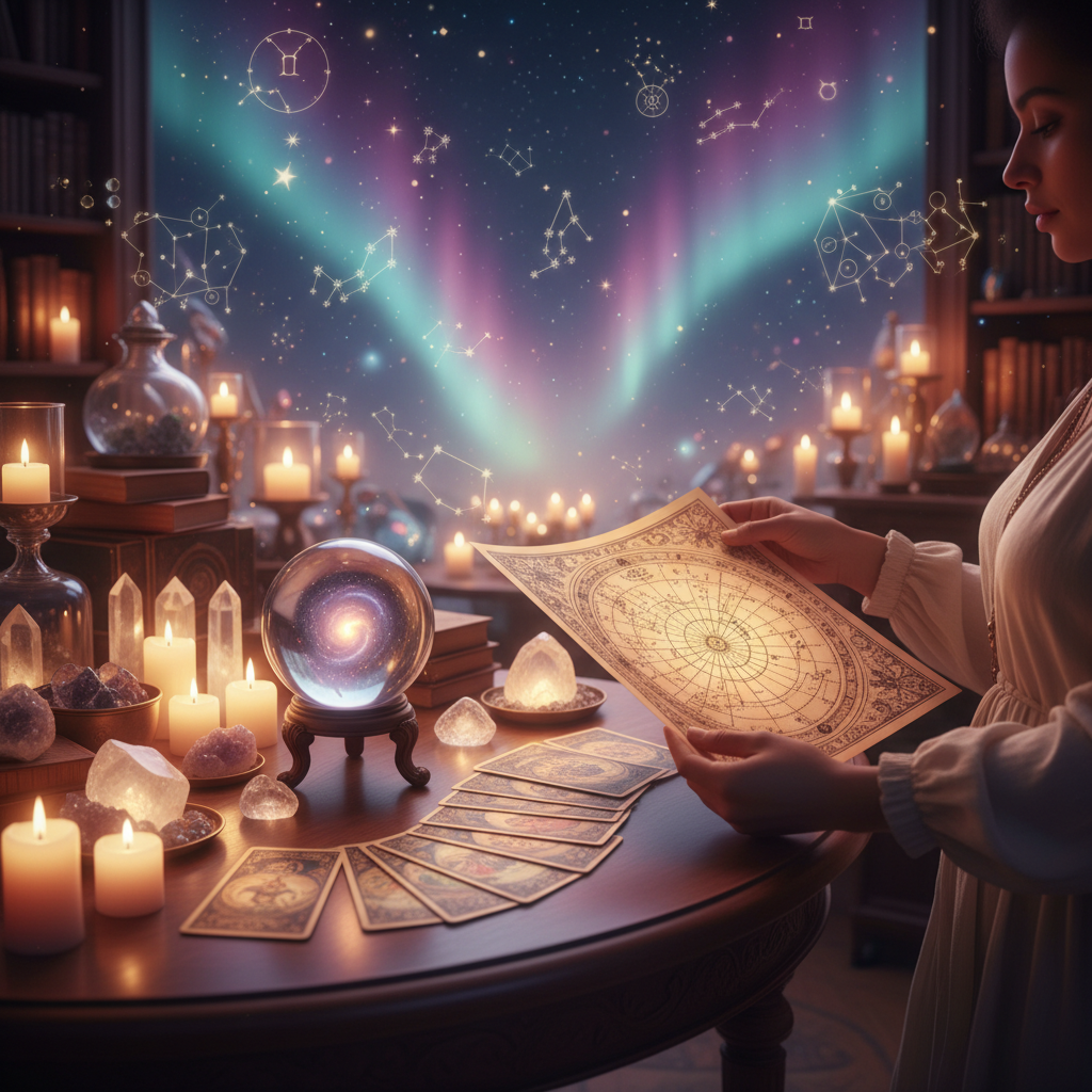 Mystical celestial symbols glowing above Austin TX skyline at dusk