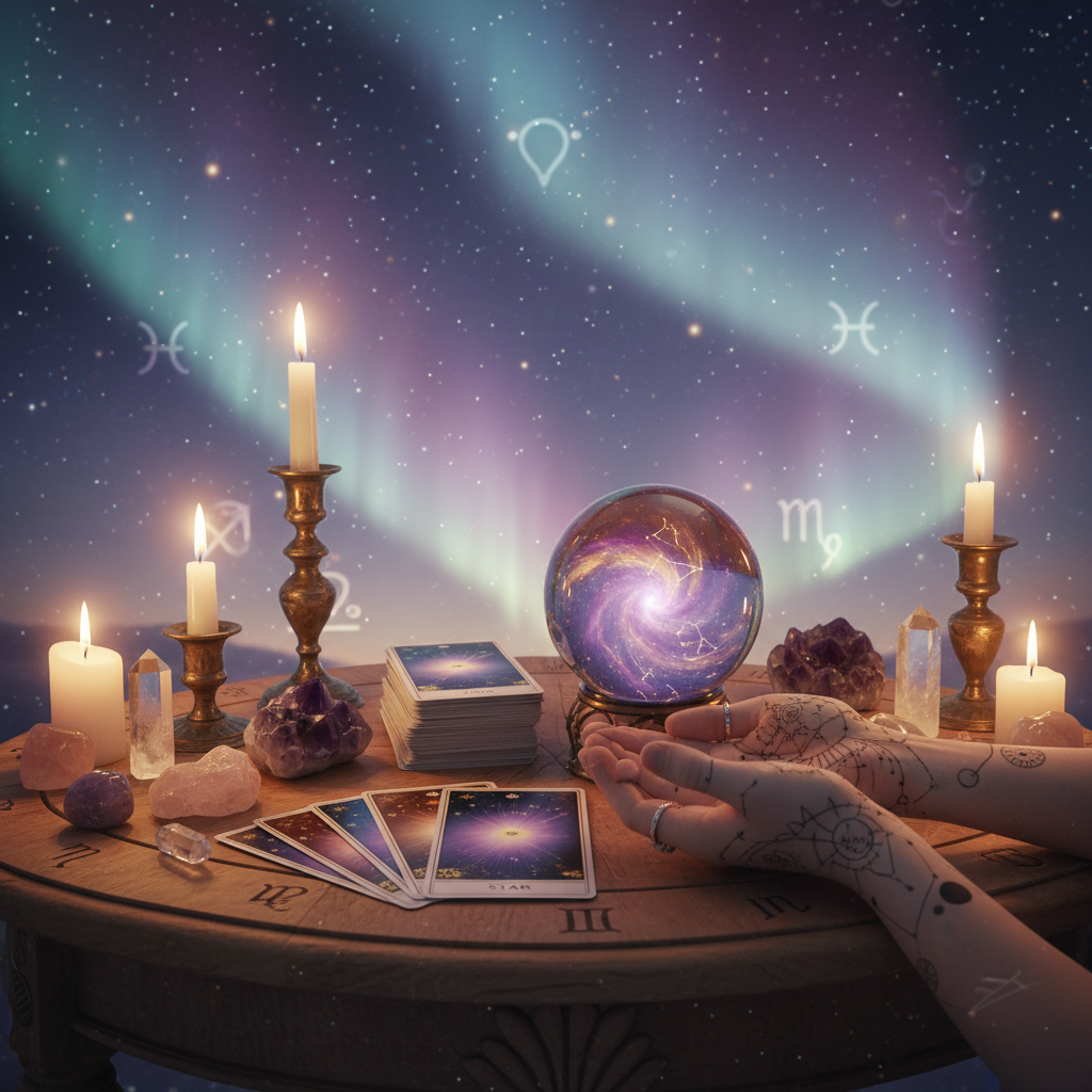 Mystical celestial image with spiritual tools in Austin TX store