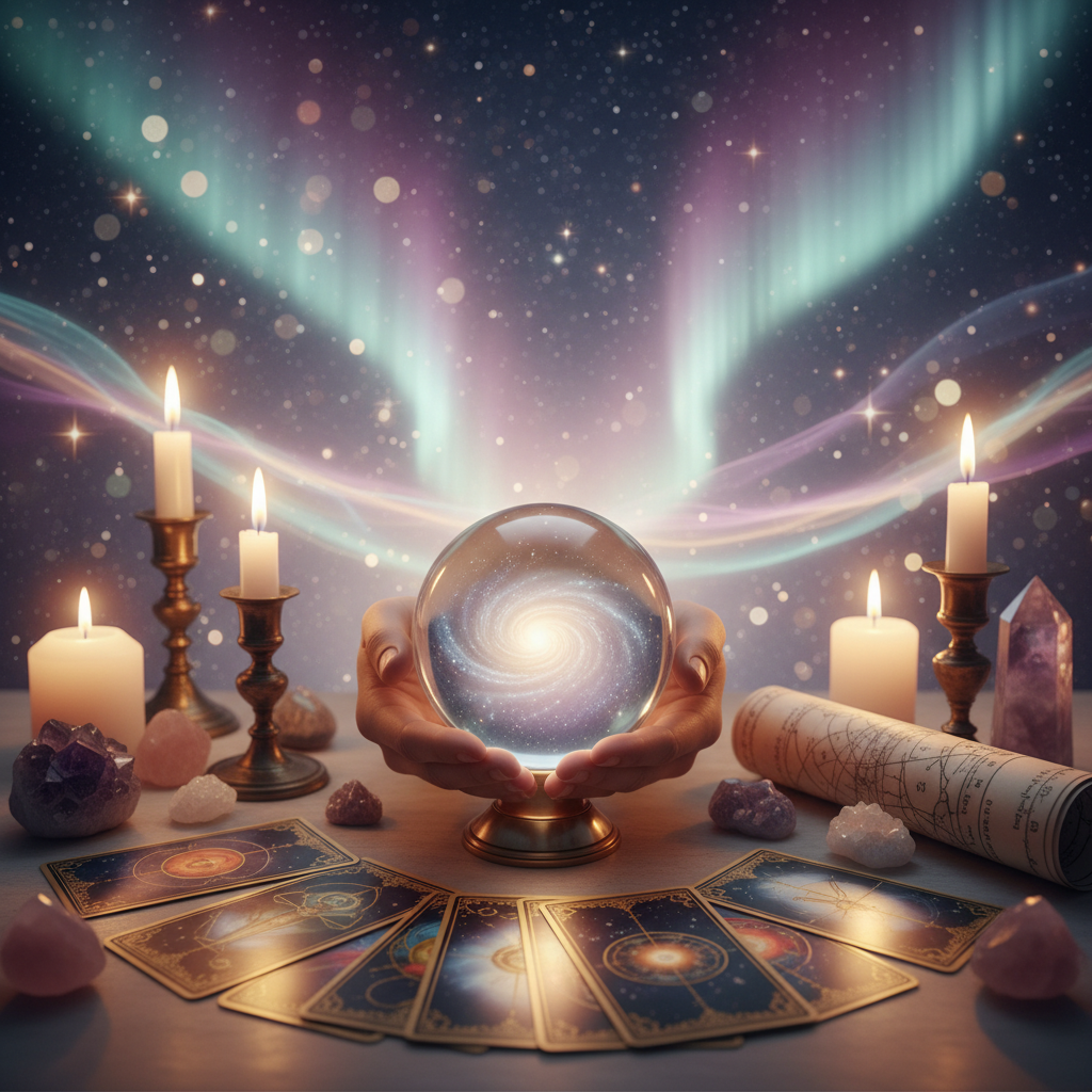 Mystical celestial chart with life path numbers and Austin skyline background
