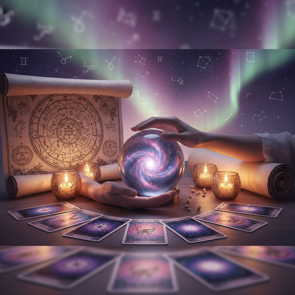 Mystical celestial symbols with Austin cityscape background for numerology reading