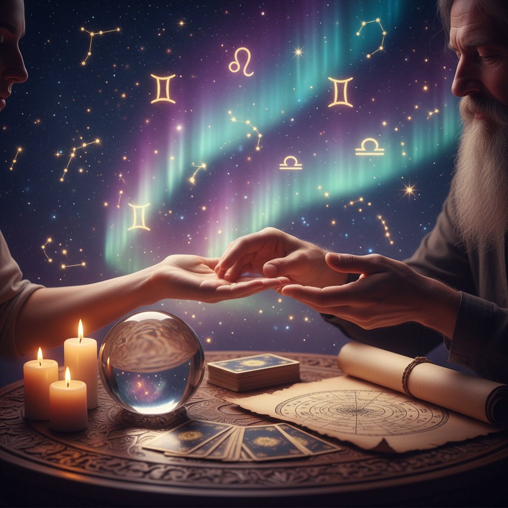 Mystical palm reading with celestial symbols in Austin setting