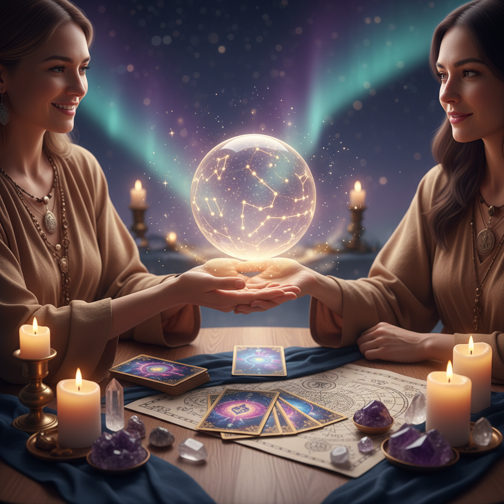 Mystical palm reading with glowing lines and Austin TX cityscape background