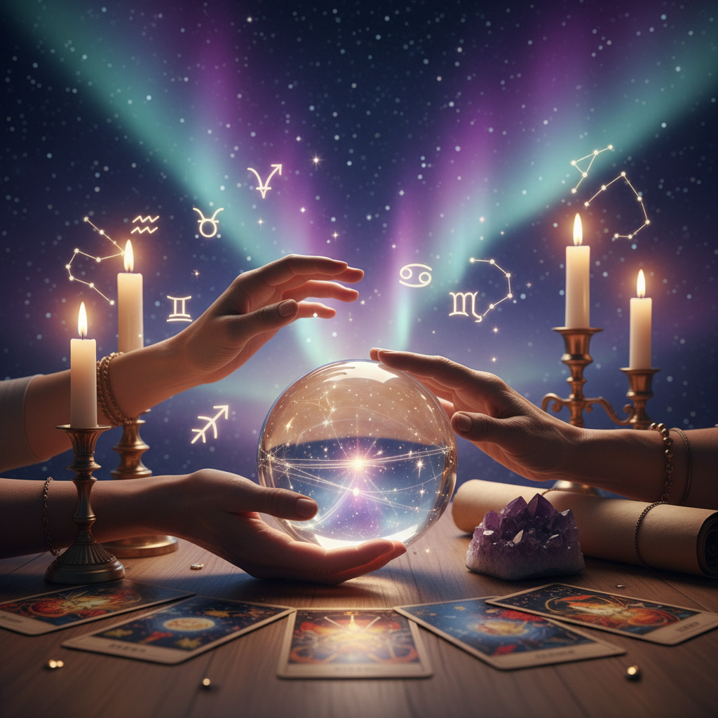 Mystical palm and celestial symbols over Austin TX skyline background