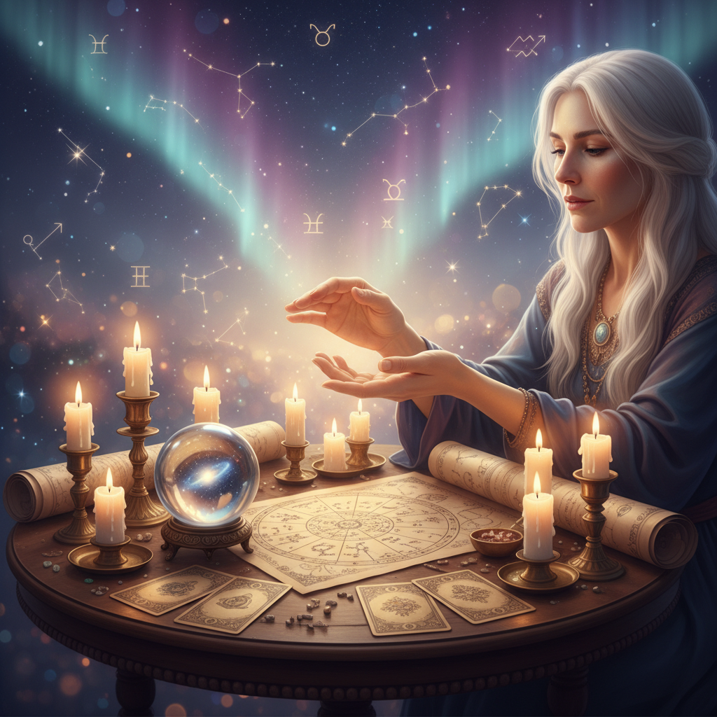 Mystical celestial hands with glowing life line, Austin TX background