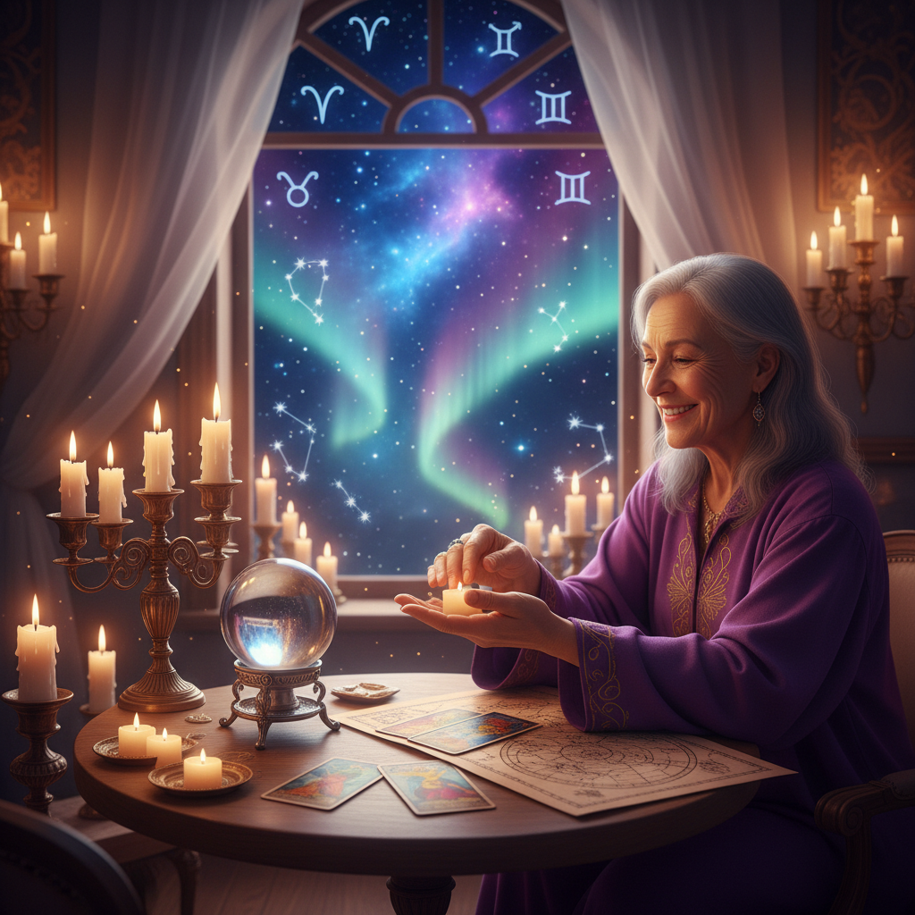 Mystical hand with celestial symbols glowing over Austin cityscape