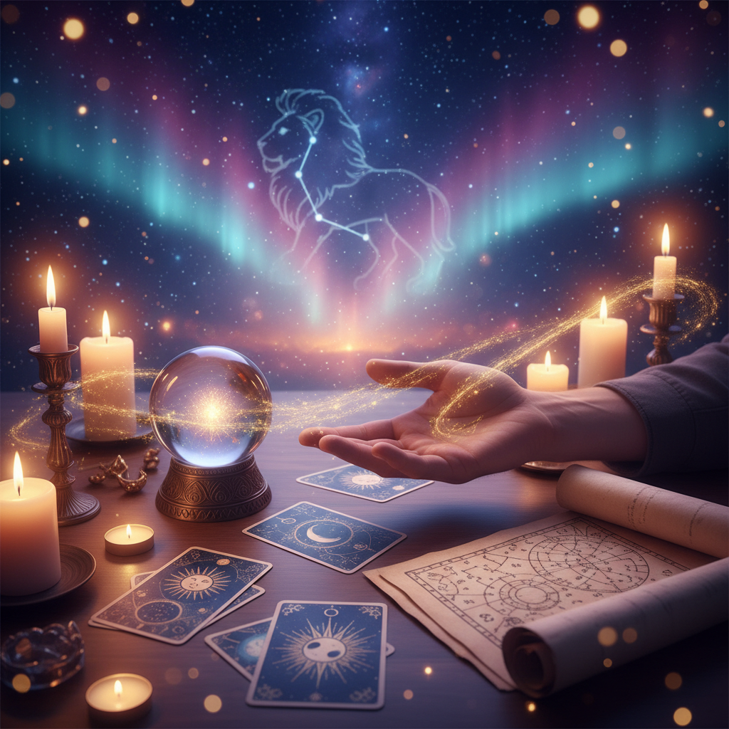 Mystical cosmic hand with zodiac signs Austin Texas background