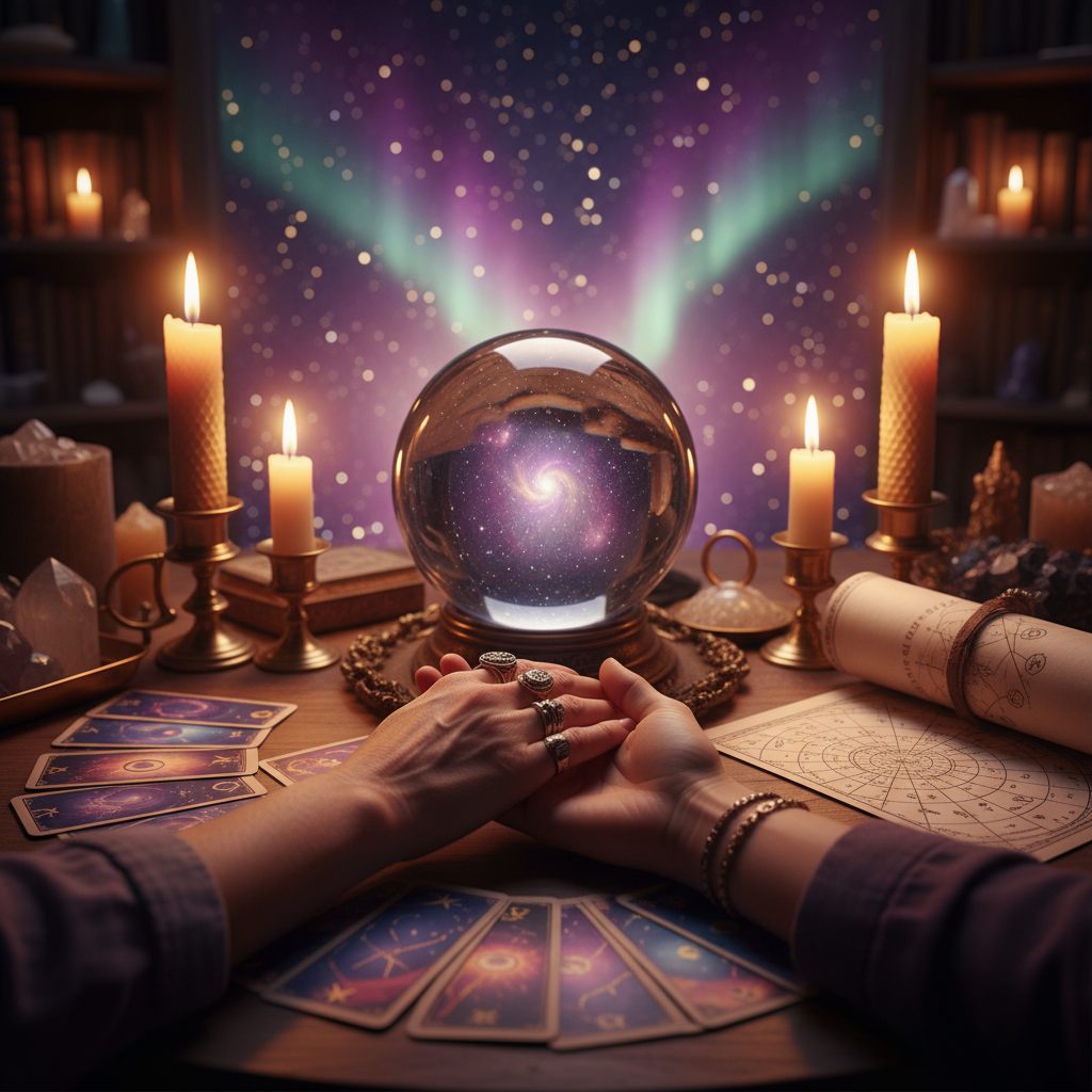 Mystical palmistry lines illuminated by soft celestial light in Austin setting