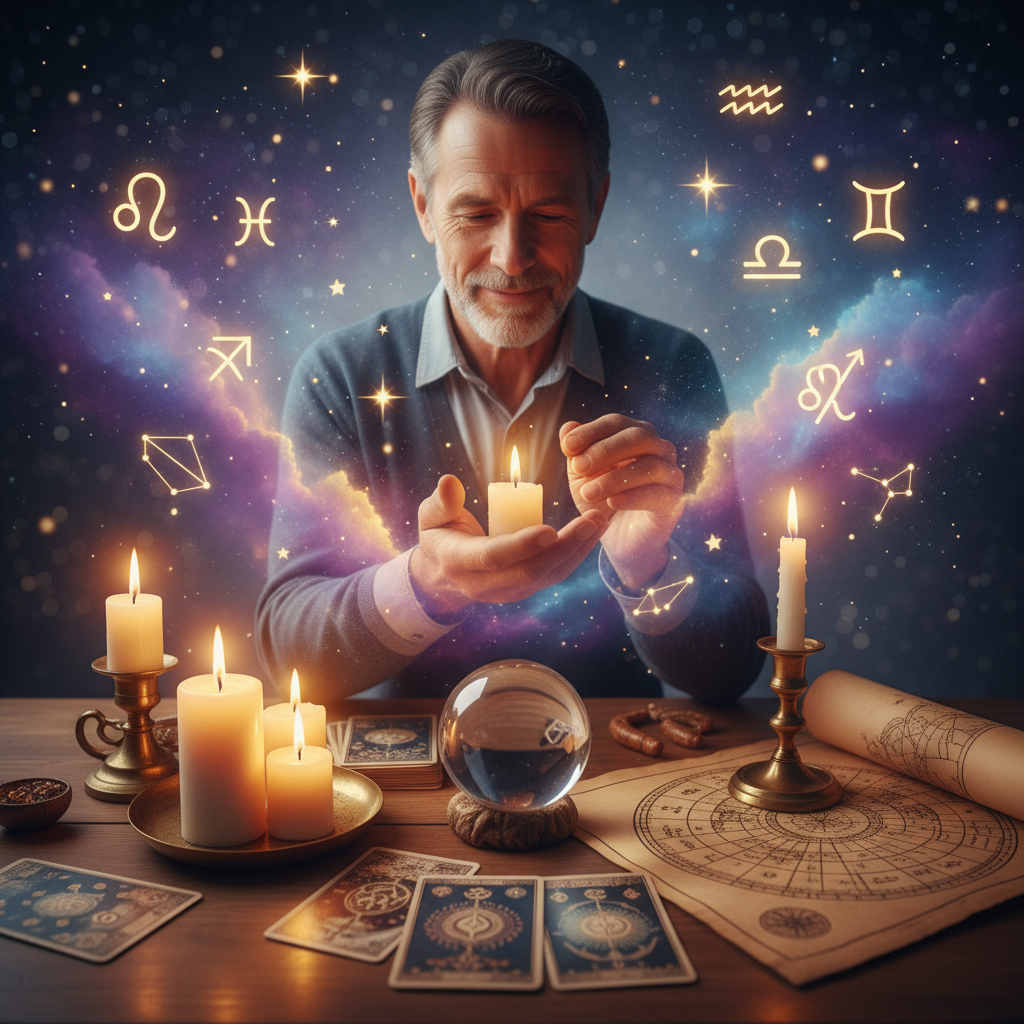 Mystical palm lines glowing over celestial background with Austin skyline