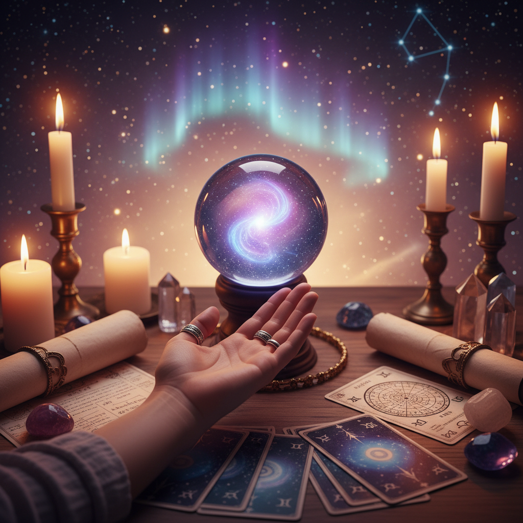 Mystical celestial image featuring hands and zodiac signs in Austin sky