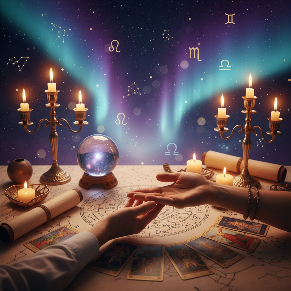 Mystic palmistry hands with celestial astrological symbols in Austin background