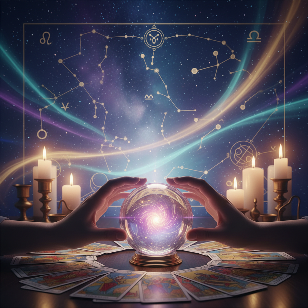 Mystical tarot cards with celestial Austin TX backdrop providing spiritual insight