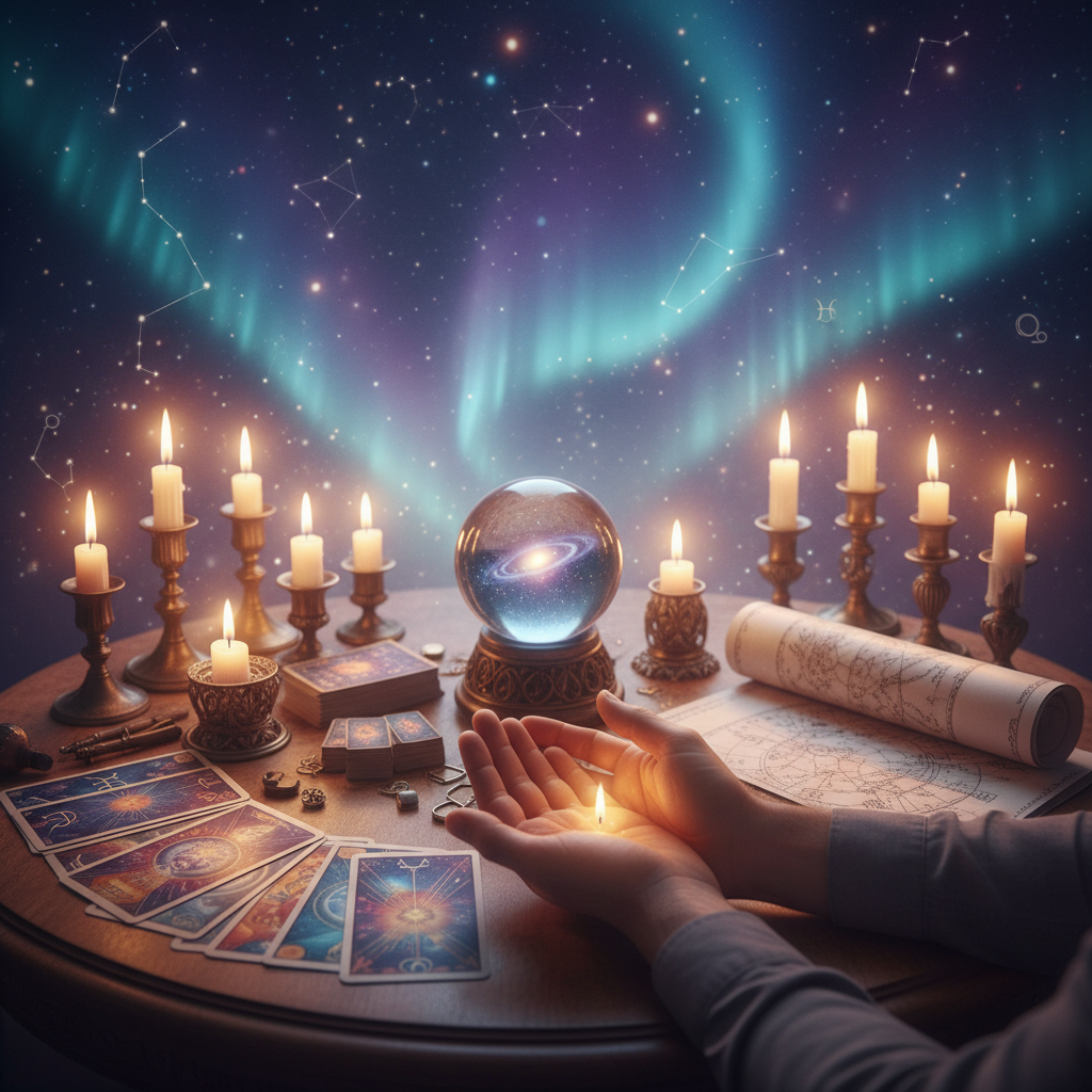 mystical celestial tarot cards glowing in Austin setting