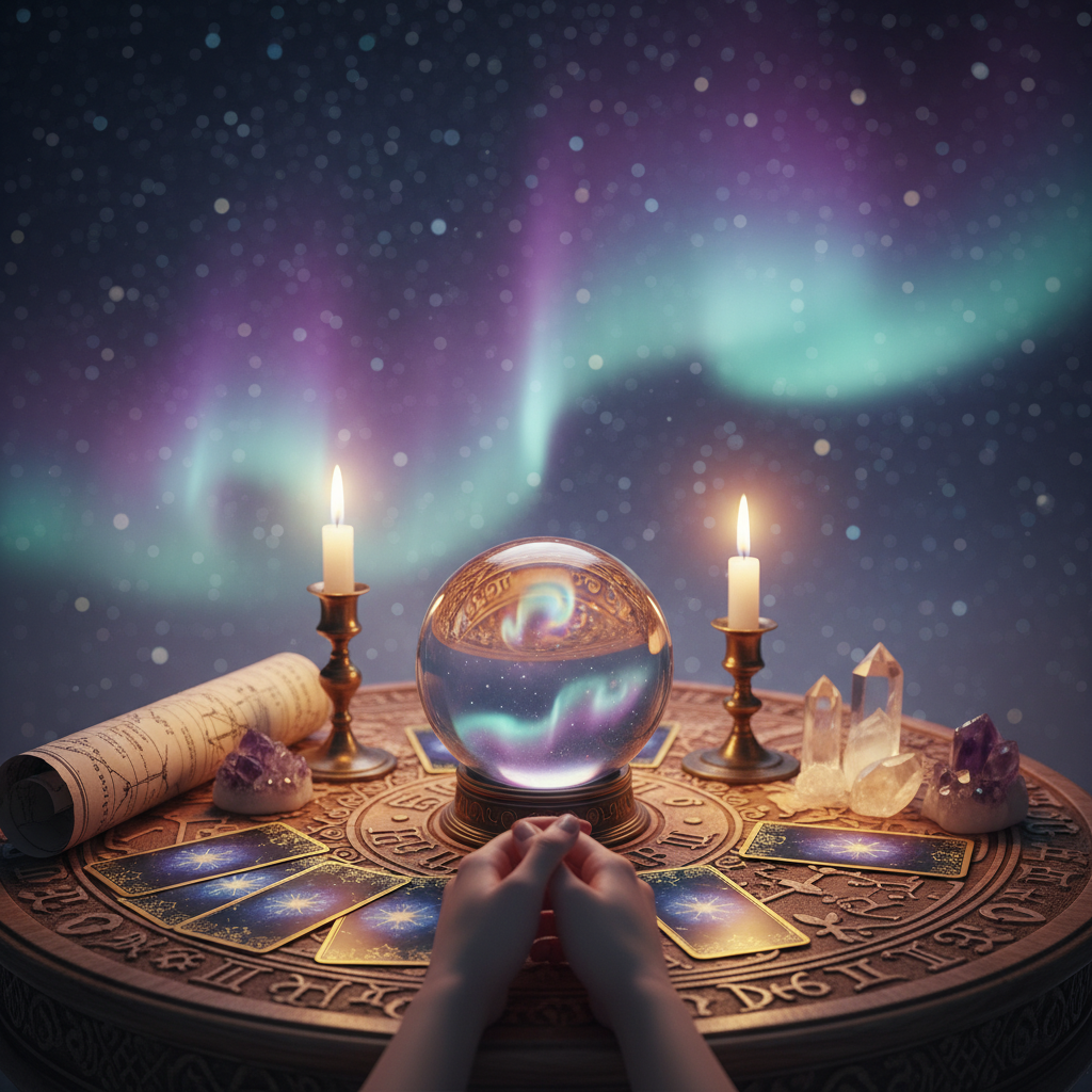 Mystic tarot cards and celestial symbols in Austin ambiance