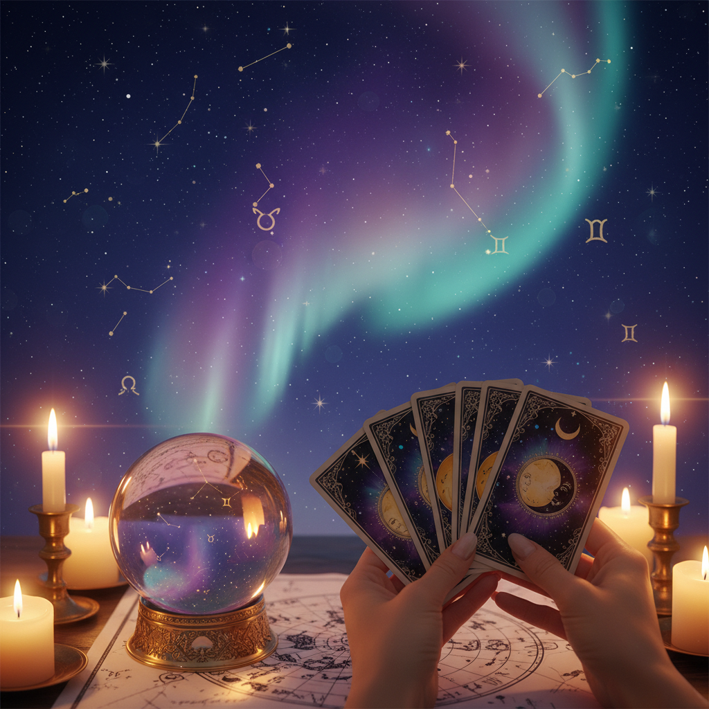 Mystical tarot cards and astrology charts glowing over Austin skyline