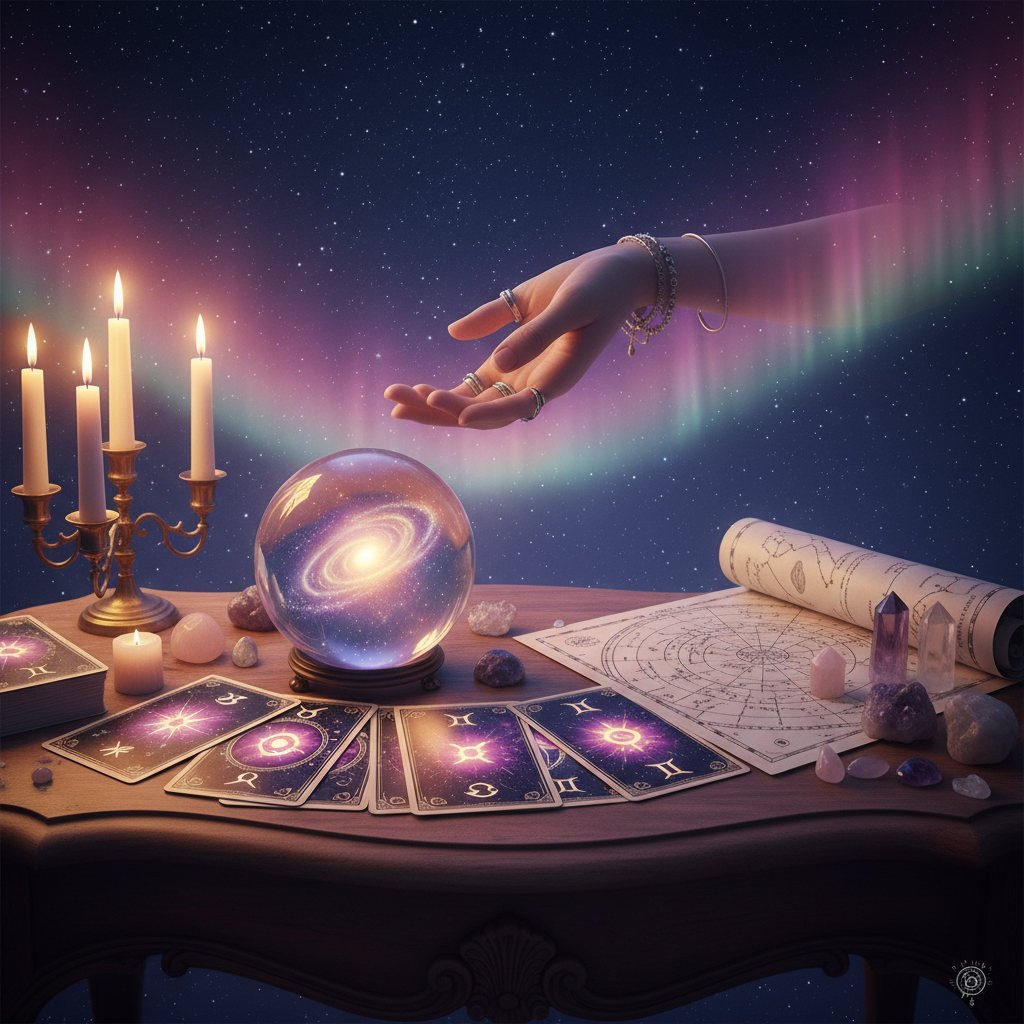 Mystical celestial symbols shining over Austin cityscape at night