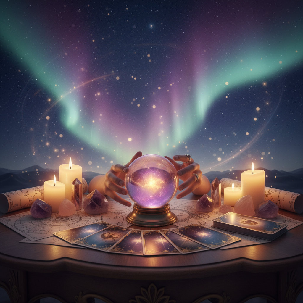 Mystical tarot cards and astrology symbols with Austin TX cityscape